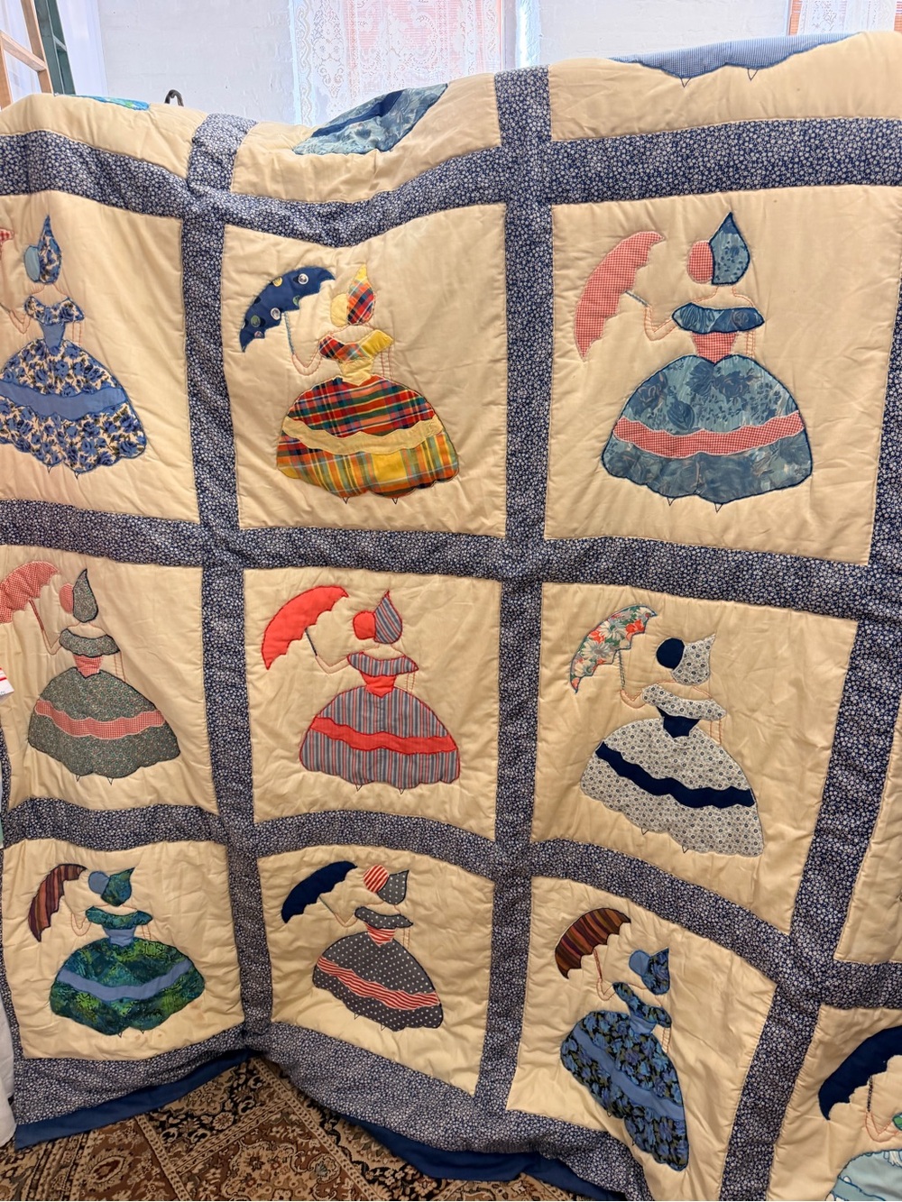 Vintage-Inspired Sunbonnet Sue Patchwork Quilt in Cream and Blue